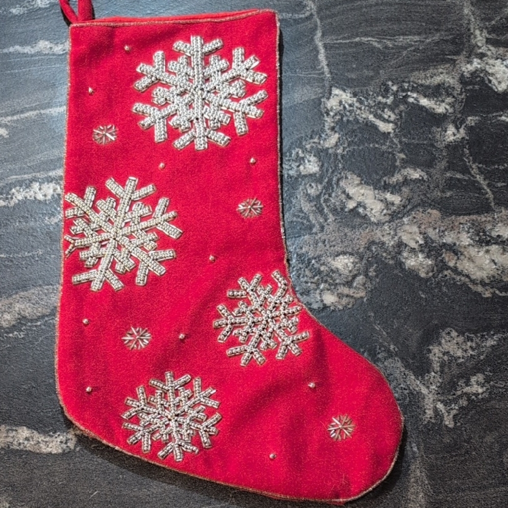 Wool Silver Beaded Red Christmas Stocking with Silver Snowflakes